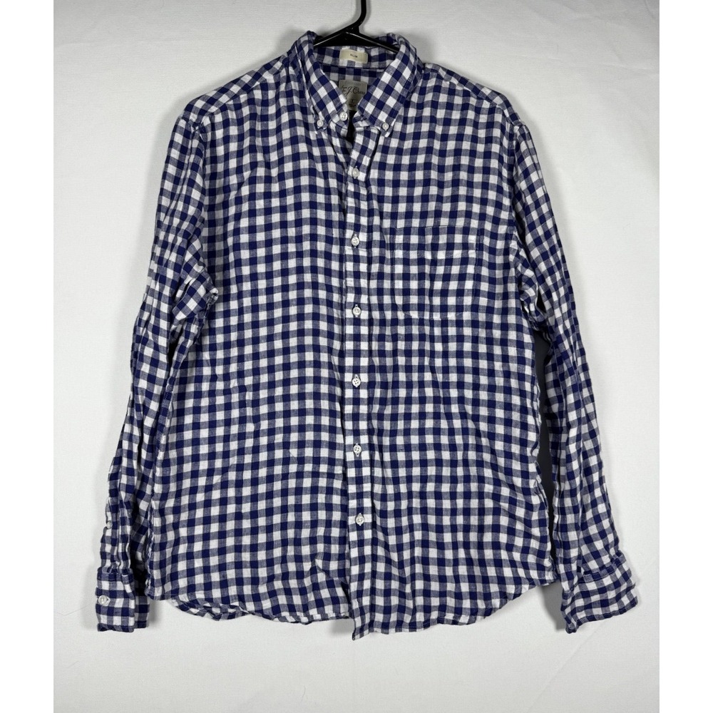 J.Crew Baird McNutt Irish Linen Shirt Men's Large Blue Gingham Slim Fit L/S